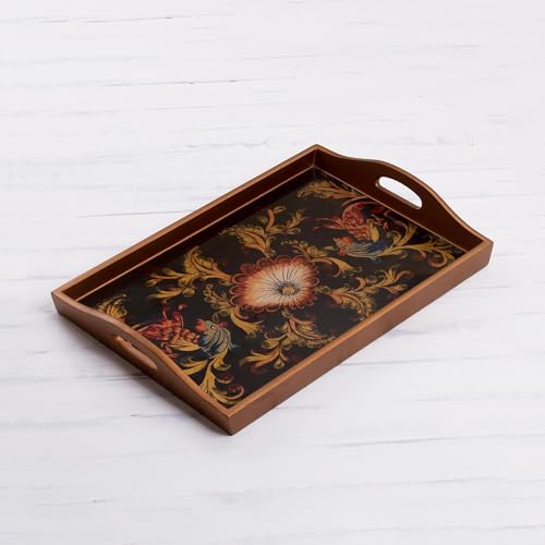 NOVICA Artisan Handmade Reverse Painted Glass Tray Floral from Peru Multicolor Wood Tableware Serveware Trays [2.4in H x 1...