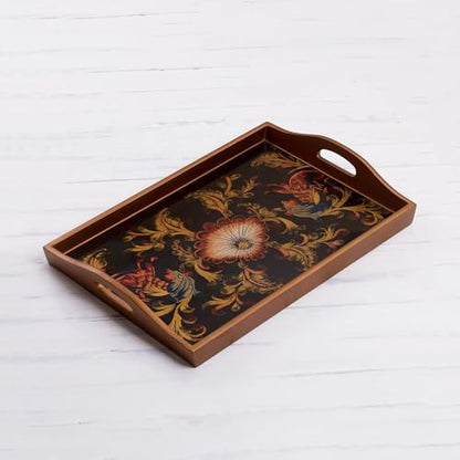 NOVICA Artisan Handmade Reverse Painted Glass Tray Floral from Peru Multicolor Wood Tableware Serveware Trays [2.4in H x 1...