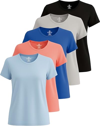 Real Essentials 5 Pack: Women's Short Sleeve T-Shirts Workout Tops Fitness Pilates Gym Activewear Athletic (Plus Available)