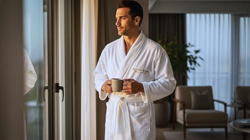 YAHWEH HOMES LUXURY COLLECTION Spa Robe – 100% Organic Cotton, Unisex Shawl Collar, One Size, Absorbent Terry, Belt & Deep...
