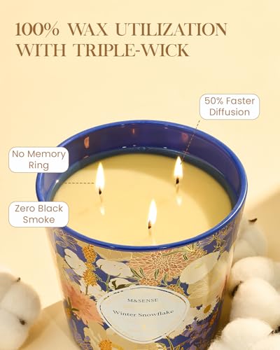 M&SENSE Winter Snow Flake Scented Candle, 28.2oz 3 Wick Natural Soy Wax Large Candles, Long Lasting Clean Slow Burning No ...