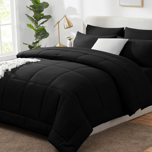 CozyLux Full Size Comforter Sets Black, 7 Pieces Bed in a Bag, Black Comforter Full Size, All Season Bedding Sets with Sti...