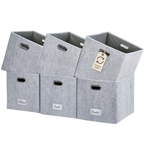 DECOMOMO Felt Storage Bins, 13 inch Cube Storage Bins with Labels for Organization (Cube 13" / 6pcs, Light Grey)