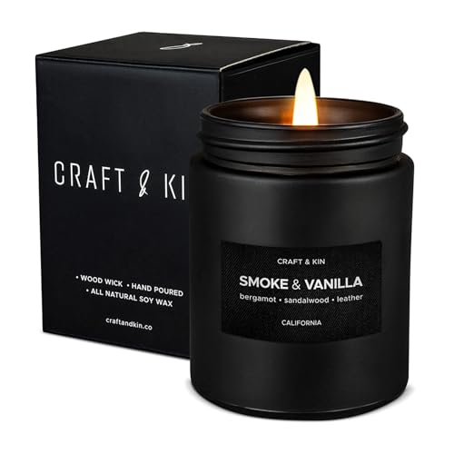 Craft & Kin Premium Smoke & Vanilla Candle | Black Scented Candles for Men | Long Lasting with 45 Hour Burn Time, 7.6oz | ...