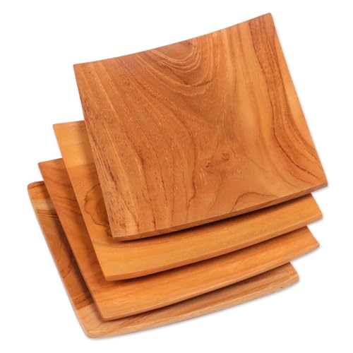 NOVICA Artisan Handmade Teak Wood Plates Square from Bali Set of 4 Brown Indonesia Tableware Dinnerware Dessert Natural Ma...