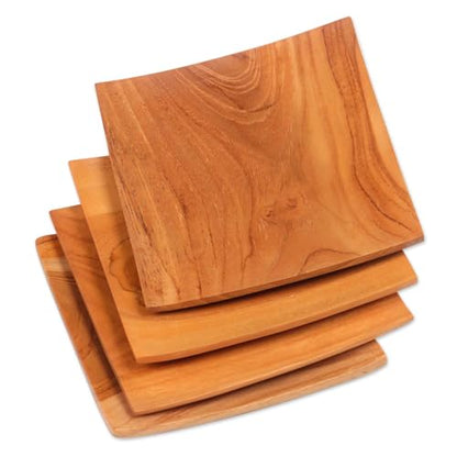 NOVICA Artisan Handmade Teak Wood Plates Square from Bali Set of 4 Brown Indonesia Tableware Dinnerware Dessert Natural Ma...