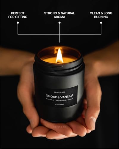 Craft & Kin Premium Smoke & Vanilla Candle | Black Scented Candles for Men | Long Lasting with 45 Hour Burn Time, 7.6oz | ...