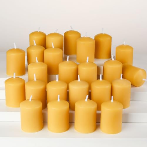 TELOSMA Organic Beeswax Votive Candles Bulk (24-Pack) - Natural Mini Pillar Candle - Smokeless Drippless Candle for Praye...