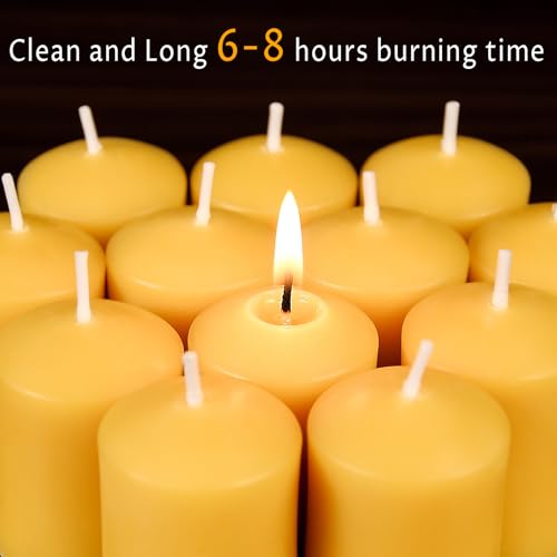 TELOSMA Organic Beeswax Votive Candles Bulk (24-Pack) - Natural Mini Pillar Candle - Smokeless Drippless Candle for Praye...