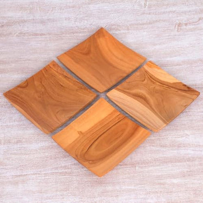NOVICA Artisan Handmade Teak Wood Plates Square from Bali Set of 4 Brown Indonesia Tableware Dinnerware Dessert Natural Ma...