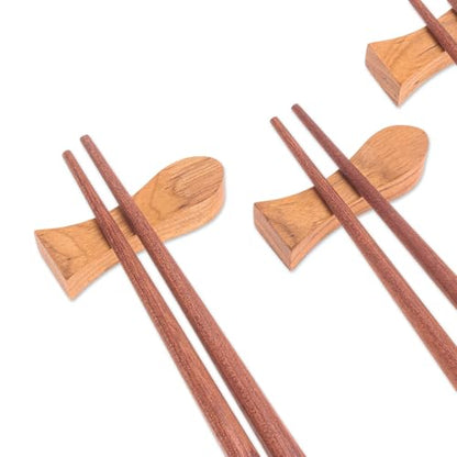 NOVICA Artisan Handmade Teak Wood Chopsticks with Rests from Thailand Brown Tableware Flatware East Meets West 'Tasty Mea...