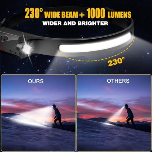 Headlamp Rechargeable 2PCS, 230° Wide Beam Head Lamp LED with Motion Sensor for Adults - Camping Accessories Gear, Waterpr...