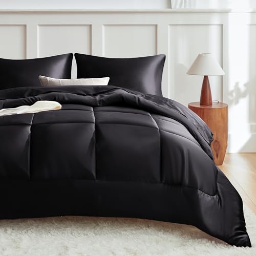 MR&HM Queen Comforter Set Black, Reversible Satin Microfiber Comforter Set for All Seasons, 3 Pieces Non-Slip Silky Soft B...