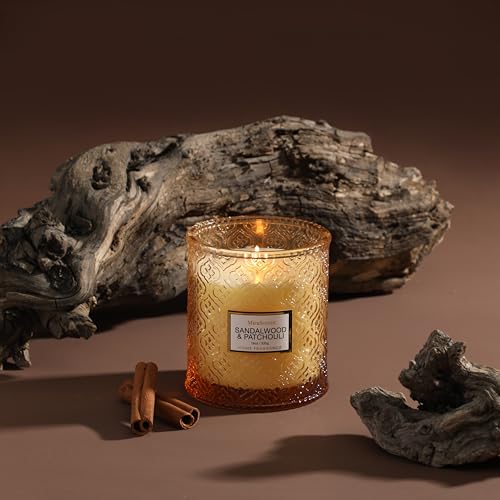 Sandalwood & Patchouli Scented Candles, 19oz Luxury Gifts for Women, Christmas Winter Decorative Glass Candles, Natural So...
