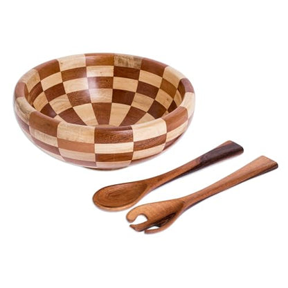NOVICA Artisan Handmade Mahogany Salad Serving Set Checkerboard Pieced Tropical Wood Bowl Spoons Brown Guatemala Tableware...