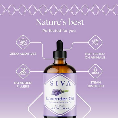 Siva Lavender Essential Oil - 4 Fl Oz – 100% Natural Lavender Oil - for Diffuser, Face, Skin Care, Aromatherapy, Hair Car...
