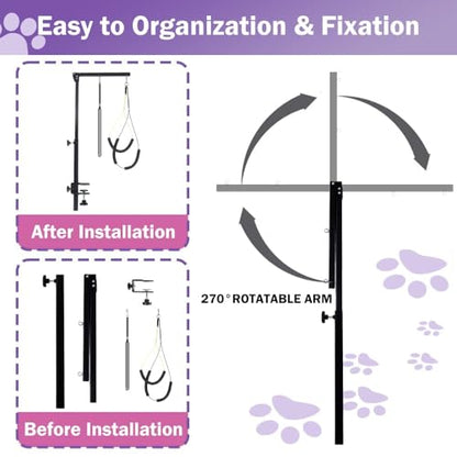 AGESISI Dog Grooming Arm with Clamp, Heavy Duty Pet Grooming Table Arm with Grooming Hammock, Loop Noose & Two No-Sit Haun...