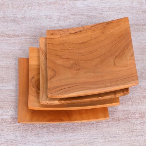 NOVICA Artisan Handmade Teak Wood Plates Square from Bali Set of 4 Brown Indonesia Tableware Dinnerware Dessert Natural Ma...