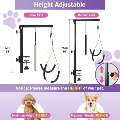 AGESISI Dog Grooming Arm with Clamp, Heavy Duty Pet Grooming Table Arm with Grooming Hammock, Loop Noose & Two No-Sit Haun...