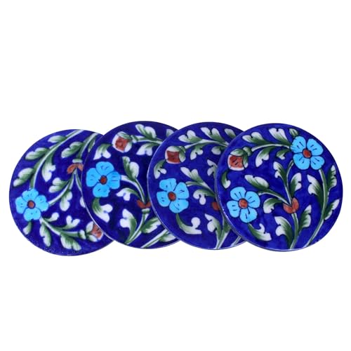 THE Unltd India Blue Pottery Ceramic Coasters – Set of 4 Round Hand-Painted Drink Mats, Floral Design, Artisan Crafted Tab...