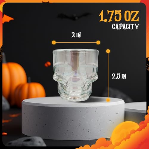 DURA LIVING Set of 6 Skull Shot Glasses - 1.75oz Clear Glass Novelty Drinkware, Gothic Skull-Shaped Barware for Halloween ...