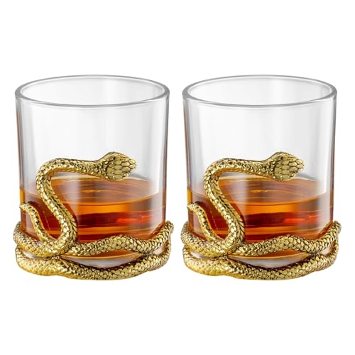 Snake Serpent Whiskey Glasses - 2 Glass Set Gold Design Unique Reptile Inspired Barware for Themed Parties Gothic Décor Sn...