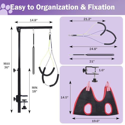 AGESISI Dog Grooming Arm with Clamp, Heavy Duty Pet Grooming Table Arm with Grooming Hammock, Loop Noose & Two No-Sit Haun...