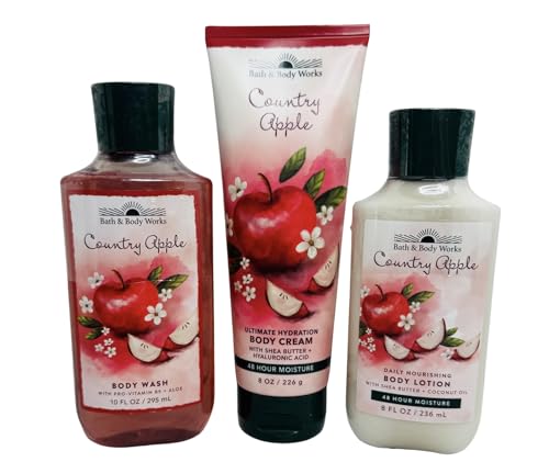 Bath & Body Works Womens Country Apple Body Cream, Lotion and Body Gel Wash 3 Piece Set