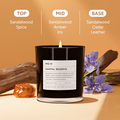 LUMELOOM Santal Reserve Luxury Scented Candles, 9oz Soy Wax Candles for Home Scented, Sandalwood, Amber, Iris & Leather Sc...