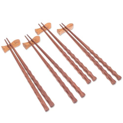 NOVICA Artisan Handmade Teak Wood Chopsticks with Rests from Thailand Brown Tableware Flatware East Meets West 'Tasty Mea...