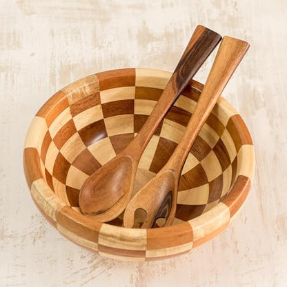 NOVICA Artisan Handmade Mahogany Salad Serving Set Checkerboard Pieced Tropical Wood Bowl Spoons Brown Guatemala Tableware...