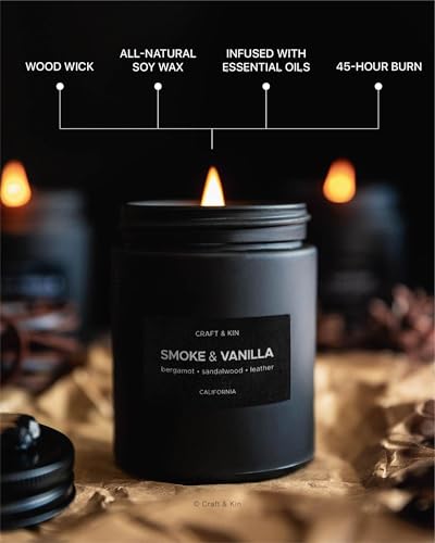 Craft & Kin Premium Smoke & Vanilla Candle | Black Scented Candles for Men | Long Lasting with 45 Hour Burn Time, 7.6oz | ...