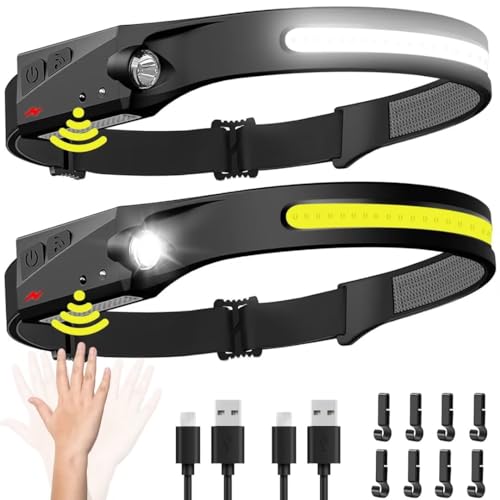 Headlamp Rechargeable 2PCS, 230° Wide Beam Head Lamp LED with Motion Sensor for Adults - Camping Accessories Gear, Waterpr...