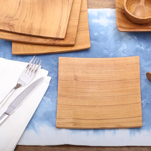 NOVICA Artisan Handmade Teak Wood Plates Square from Bali Set of 4 Brown Indonesia Tableware Dinnerware Dessert Natural Ma...