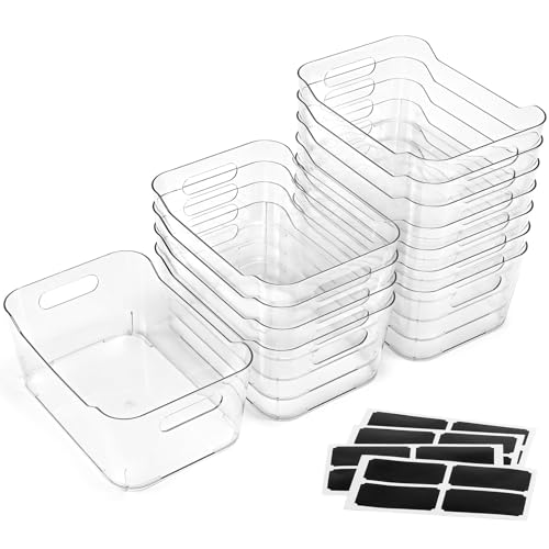 12 PACK Multi-Use Clear Plastic Storage Bins for Organizing w/ Labels - Home, Kitchen, Bathroom, Office, Pantry Cabinet Sh...