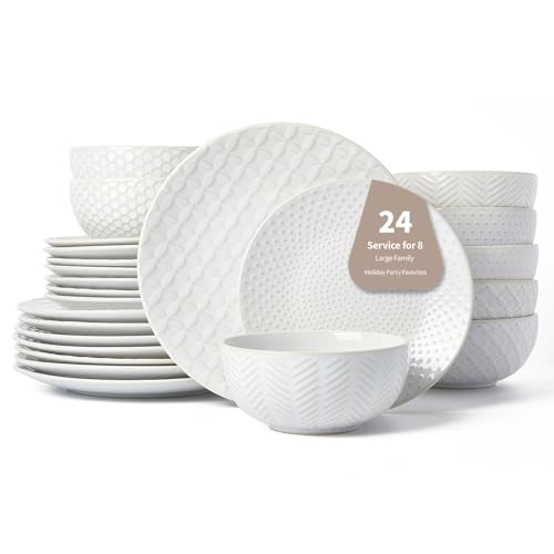 24 Piece Dinnerware Sets for 8, Premium Stoneware Plates and Bowls Sets, Microwave & Dishwasher Safe, Elegant Dishes for E...