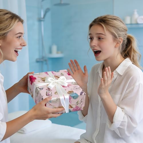 WRAPAHOLIC Spa Wrapping Paper Roll - Mini Roll - 17 Inch x 16.5 Feet - Pink Beauty Wellness and Floral Wrapping Paper for ...