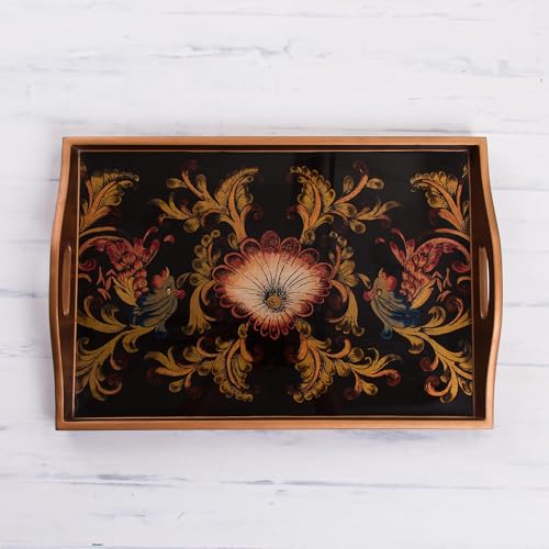 NOVICA Artisan Handmade Reverse Painted Glass Tray Floral from Peru Multicolor Wood Tableware Serveware Trays [2.4in H x 1...