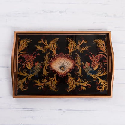 NOVICA Artisan Handmade Reverse Painted Glass Tray Floral from Peru Multicolor Wood Tableware Serveware Trays [2.4in H x 1...