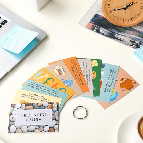 AmazingSpark 10 Pcs Grounding Card Coping Skills Card for Anxiety & Stress Relief with Metal Binder Rings Mindfulness Flas...