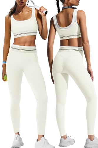 Panadila Womens Yoga Set 2 Piece Outfits Striped Workout Set Gym Matching Sports Bra and High Waist Leggings Activewear