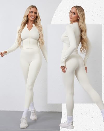 Simlakey Women 3 Piece Seamless Workout Set Sports Bra High Waisted Gym Yoga Leggings Zip Up Jacket with Thumbhole Activewear