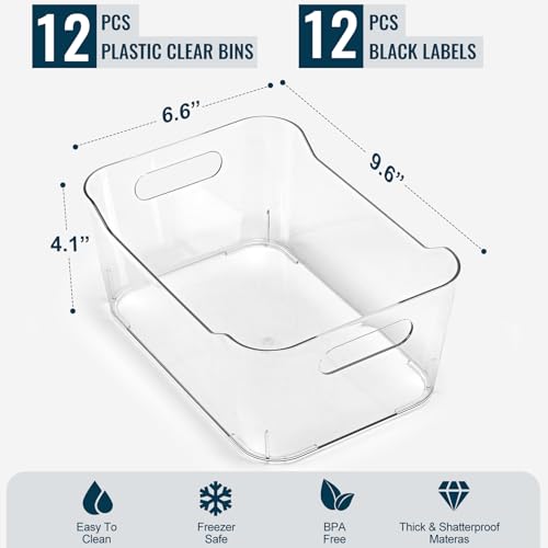 12 PACK Multi-Use Clear Plastic Storage Bins for Organizing w/ Labels - Home, Kitchen, Bathroom, Office, Pantry Cabinet Sh...