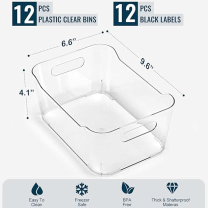 12 PACK Multi-Use Clear Plastic Storage Bins for Organizing w/ Labels - Home, Kitchen, Bathroom, Office, Pantry Cabinet Sh...