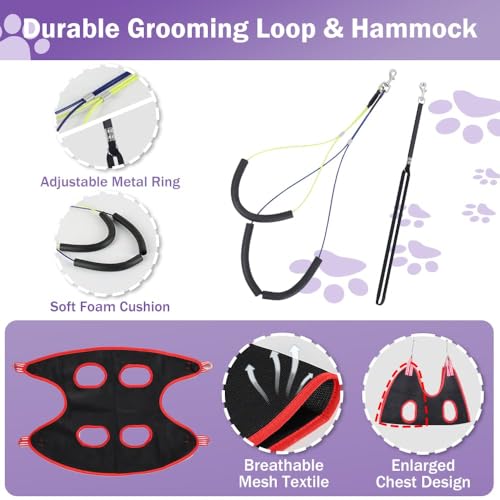 AGESISI Dog Grooming Arm with Clamp, Heavy Duty Pet Grooming Table Arm with Grooming Hammock, Loop Noose & Two No-Sit Haun...