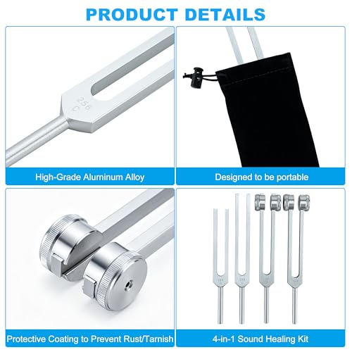 Tuning Forks for Healing Set - 128Hz, 136Hz, 256Hz, 384Hz with Activator - Weighted & Unweighted Sound Therapy Tools for C...
