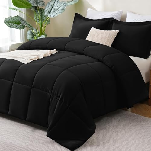 CozyLux King Size Comforter Set - Black Comforter King, 3 Pieces Box Stitched Bed Set for All Seasons, Soft Lightweight Be...