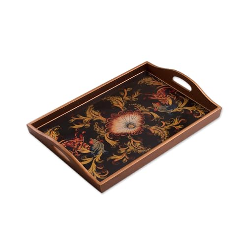 NOVICA Artisan Handmade Reverse Painted Glass Tray Floral from Peru Multicolor Wood Tableware Serveware Trays [2.4in H x 1...