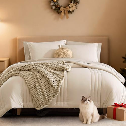 Monbix Queen Comforter Set - 7 Pieces Beige Bed in a Bag Queen Bedding Sets with Comforters, All Seasons Comforter Bed Set...