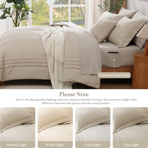 Monbix Queen Comforter Set - 7 Pieces Beige Bed in a Bag Queen Bedding Sets with Comforters, All Seasons Comforter Bed Set...